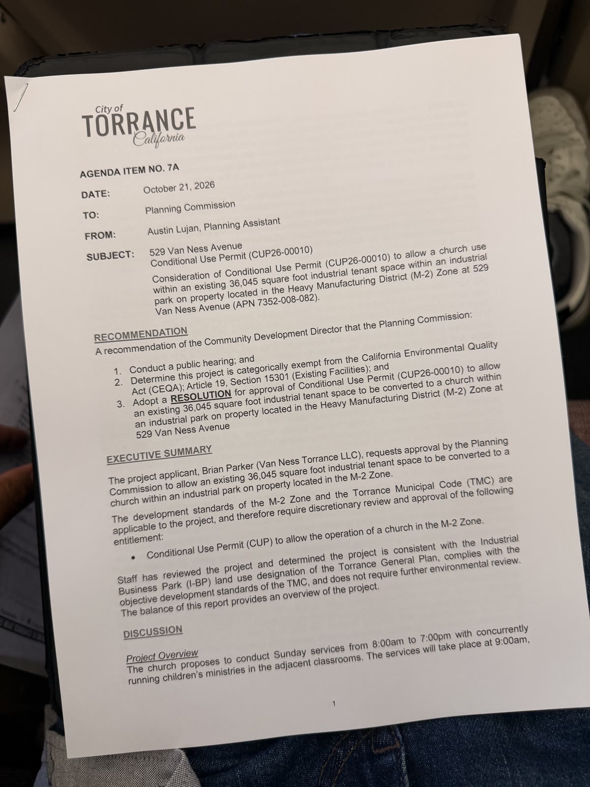 Wednesday's Planning Commission agenda, item 7A, the Conditional Use Permit for 529 Van Ness Avenue